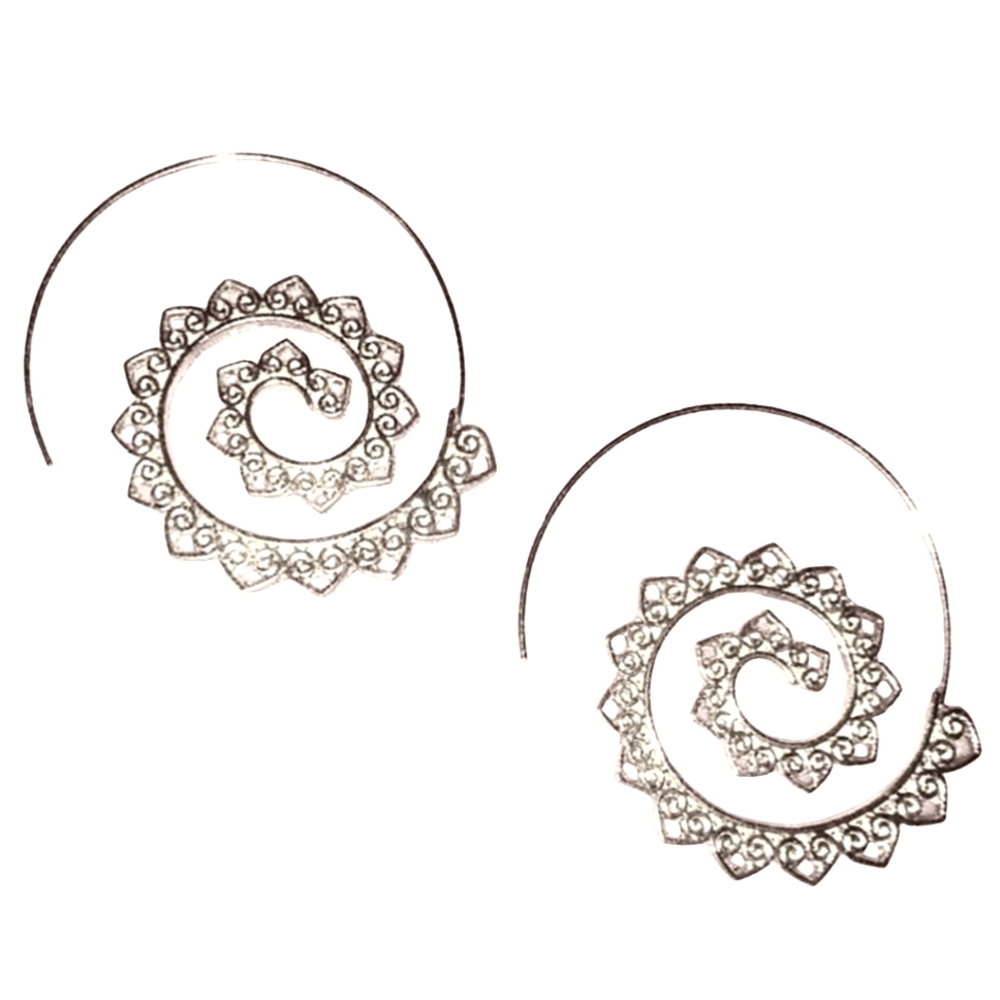 Silver Heart Boho Lace Trim Spiral Swirl Hoop Earrings Bohemian Twirl Hoops